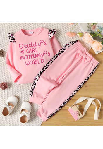 2-piece Toddler Girl Letter Print Ruffled Long-sleeve Top and Side Leopard Print Pants Set