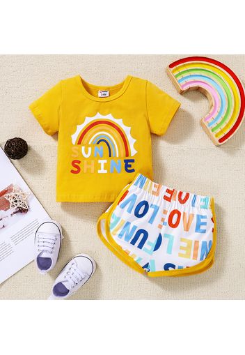 2pcs Baby Boy/Girl 95% Cotton Short-sleeve Rainbow & Letter Print T-shirt and Shorts Set