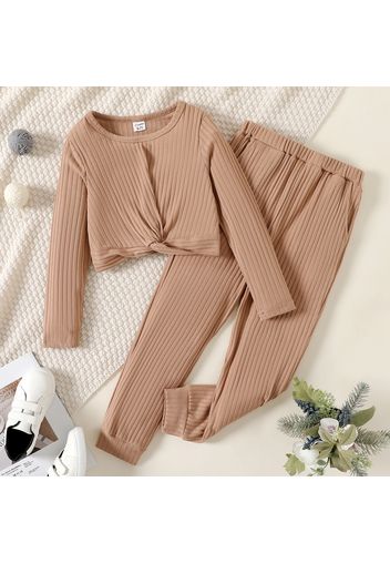 2pcs Kid Girl Solid Color Ribbed Twist Knot Long-sleeve Tee and Pants Set