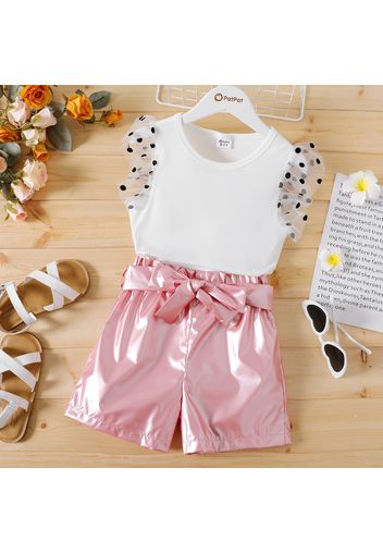 2pcs Kid Girl Ribbed Polka dots Mesh Flutter-sleeve Tee and Belted Metallic PU Shorts Set