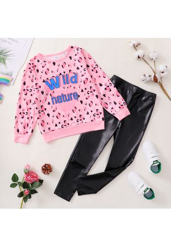 2-piece Kid Girl Letter Leopard Print Sweatshirt and Faux Leather PU Pants Set