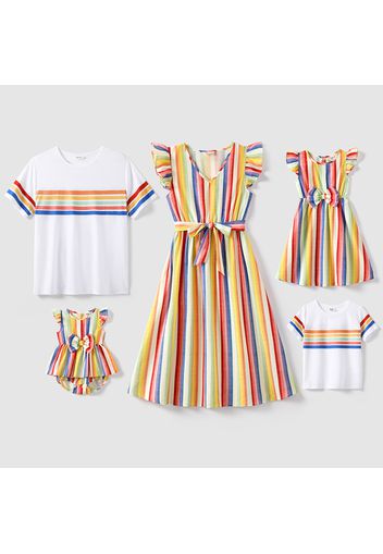 Family Matching Colorful Striped V Neck Flutter-sleeve Dresses and Short-sleeve T-shirts Sets