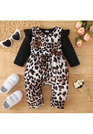 2pcs Baby Girl Leopard Sleeveless Jumpsuit and Ruffle Long-sleeve T-shirt Set