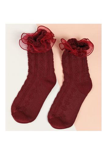 Women Pure Color Lace Trim Crew Socks