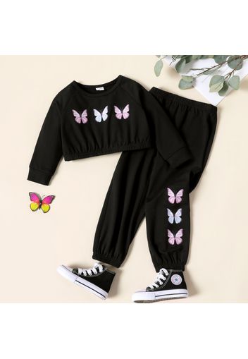 2pcs Toddler Girl Butterfly Print Crop Sweatshirt and Elasticized Pants Set