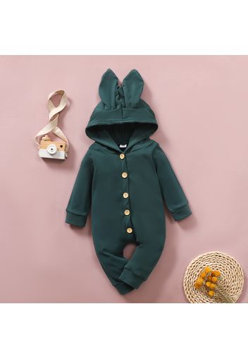 Solid 3D Ear Decor Hooded Long-sleeve Baby Jumpsuit