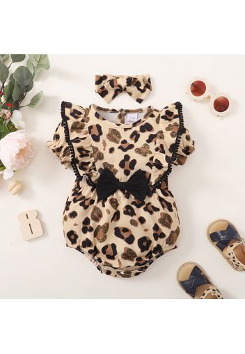 2pcs Baby Girl Khaki Leopard Short-sleeve Ruffle Bowknot Romper with Headband Set