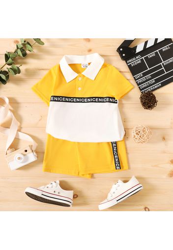 2pcs Toddler Boy Letter Print Colorblock Short-sleeve Polo Shirt and Elasticized Shorts Set