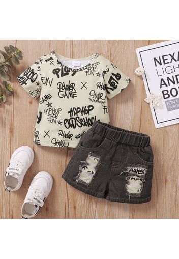 2pcs Baby Boy Allover Graffiti Letter Print Short-sleeve Tee and Ripped Denim Shorts Set