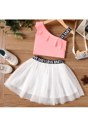 2-piece Kid Girl Letter Print Sleeveless One Shoulder Camisole and Mesh Skirt Set