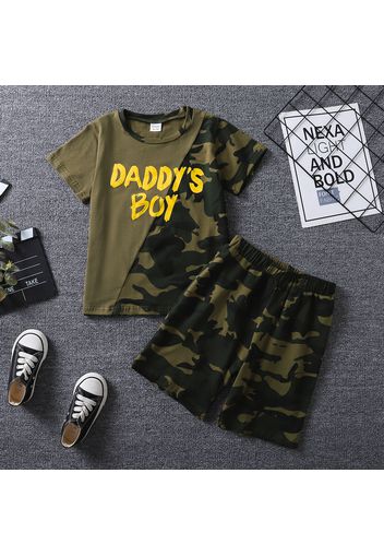 Father's Day 2pcs Kid Boy Camouflage Letter Print Splice Short-sleeve Cotton Tee and Shorts Set