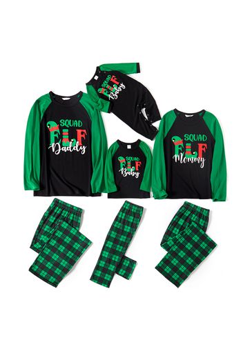 Christmas Elf Letter Print Family Matching Green Raglan Long-sleeve Plaid Pajamas Sets (Flame Resistant)