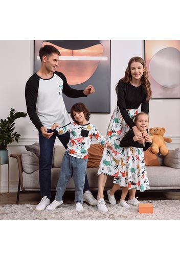 Family Matching All Over Dinosaur Print Long-sleeve Splicing Midi Dresses and T-shirts Sets