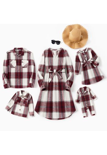 Family Matching Long-sleeve Red & White Plaid Shirts and V Neck Belted Dresses Sets