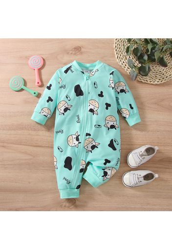 100% Cotton Baby Boy/Girl Cartoon Cow and Letter Print Long-sleeve Zip Jumpsuit