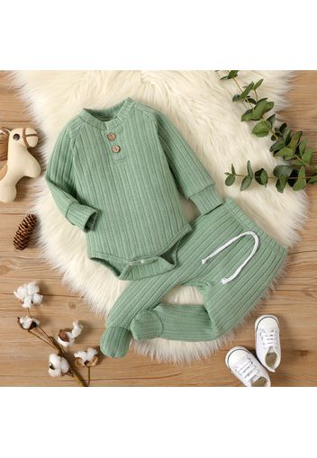 2-piece Baby Girl/Boy Solid Color Cable Knit Textured Button Design Long-sleeve Romper and Footie Pants Set