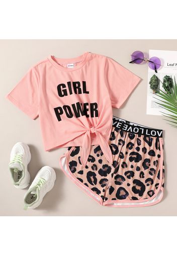 Pretty Kid Girl Sporty Letter Bowknot Leopard Print 2-piece Casual Set