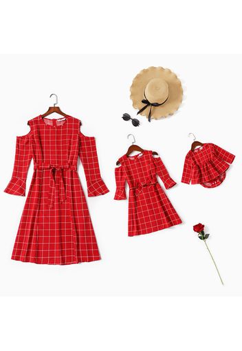 Christmas Red Plaid Cold Shoulder Long-sleeve Belted Dress for Mom and Me