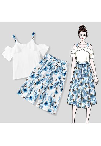 2pcs Kid Girl Flounce Cold Shoulder Short-sleeve White Blousr and Floral Leaf Print Capri Pants set