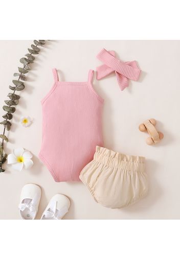 3pcs Baby Girl Solid Ribbed Spaghetti Strap Romper and Bowknot Shorts with Headband Set