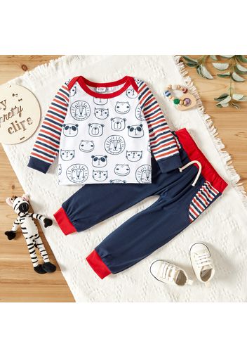 2pcs Baby Boy All Over Cartoon Animal Print Splicing Striped Long-sleeve Top and Trousers Set