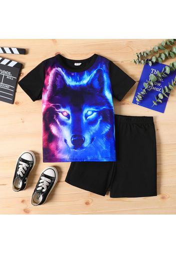 2pcs Kid Boy Animal Wolf Print Colorblock Short-sleeve Tee and Black Shorts Set