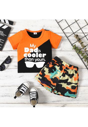 2pcs Baby Boy 95% Cotton Short-sleeve Letter Print Colorblock T-shirt and Camouflage Shorts Set