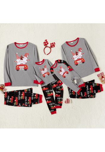 Christmas Cartoon Gnomes Driving Car Print Grey Family Matching Long-sleeve Pajamas Sets (Flame Resistant)