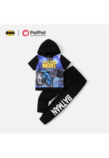 Batman 2pcs Kid Boy Letter Print Hooded Short-sleeve Tee and Black Pants Set