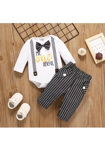 2pcs Baby Boy 95% Cotton Long-sleeve Letter Print Gentleman Romper and Striped Pants Set