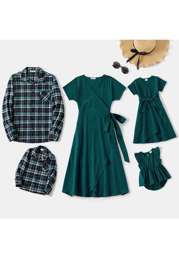 Family Matching 100% Cotton Dark Green Surplice Neck Self Tie Short-sleeve Dresses and Long-sleeve Plaid Shirts Sets