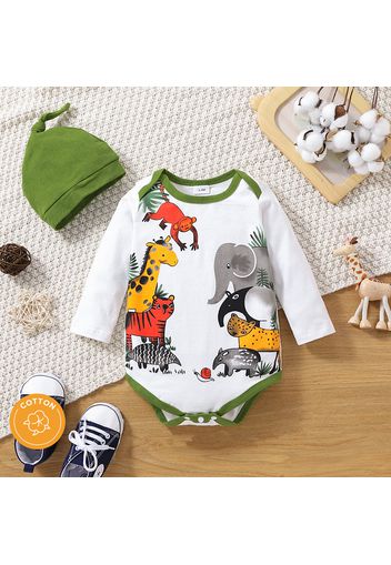 100% Cotton 2pcs Baby Boy/Girl Animals Print Contrast Binding Long-sleeve Romper with Hat Set