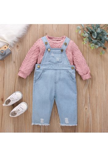 2pcs Baby Long-sleeve Cotton Knitted Sweater and Denim Overalls Set