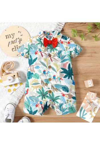 Baby Boy All Over Plants Print Short-sleeve Gentleman Bow Tie Romper