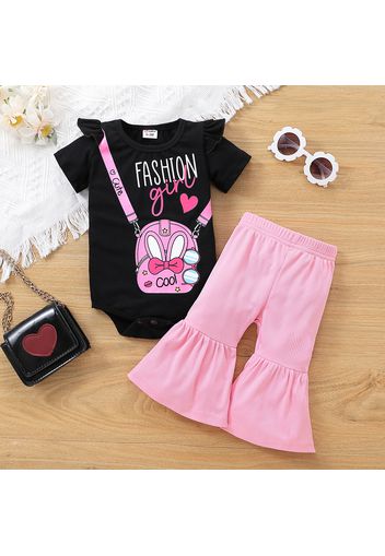 2pcs Baby Girl 95% Cotton Short-sleeve Crossbody Bag & Letter Print Romper and Solid Flared Pants Set