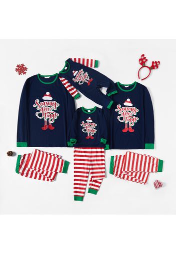 Christmas Letter Print Family Matching Long-sleeve Red Striped Pajamas Sets (Flame Resistant)