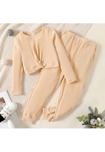 2pcs Kid Girl Solid Color Ribbed Twist Knot Long-sleeve Tee and Pants Set