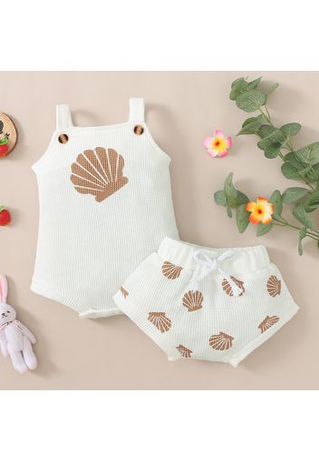 100% Cotton 2pcs Baby Boy/Girl Shell Print Sleeveless Waffle Romper and Shorts Set