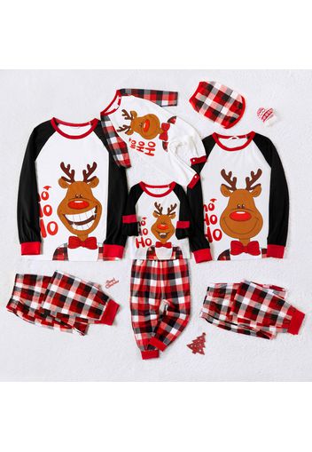 Christmas Reindeer and Letter Print Family Matching Raglan Long-sleeve Plaid Pajamas Sets (Flame Resistant)