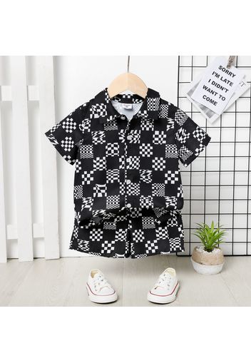 2pcs Toddler Boy Allover Print Lapel Collar Button Design Black Shirt and Shorts Set