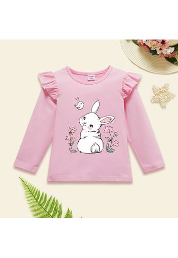 Toddler Graphic Rabbit and Floral and Bird Print Ruffled Long-sleeve Tee