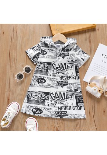 Toddler Girl Letter Allover Print Button Design Short-sleeve Hooded Dress