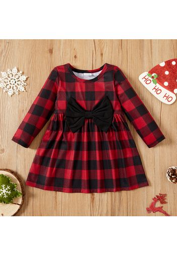 Baby Girl Christmas Plaid/Deer Print Long-sleeve Bowknot Dress