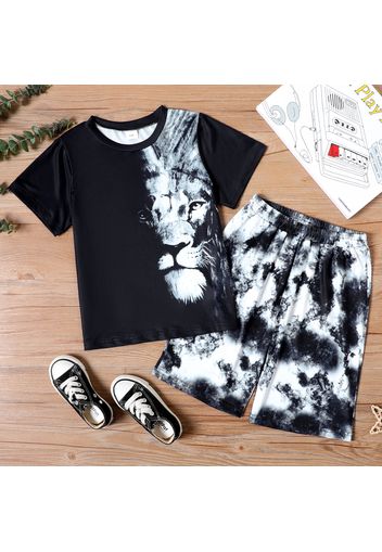 2-piece Kid Boy Animal Lion Print Short-sleeve Black Tee and Tie Dyed Shorts Set