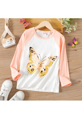 Kid Girl Butterfly Print Colorblock Long Raglan Sleeve Tee