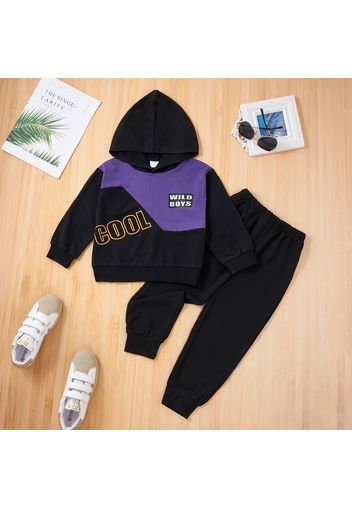 2-piece Kid Boy Letter Print Colorblock Hoodie Sweatshirt and Black Pants Set