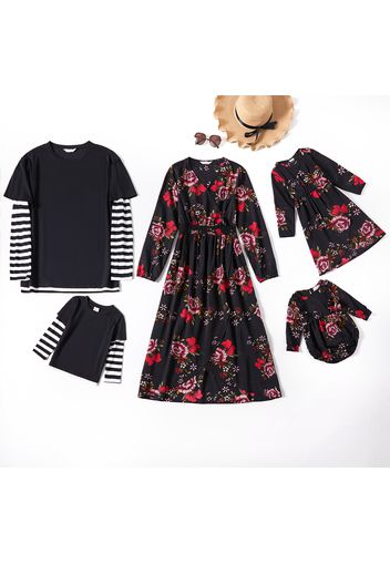 Floral Print Long Sleeve Family Matching Sets（ Black V Neck Tulip Hem Midi Dresses and Fake Two T-shirts）