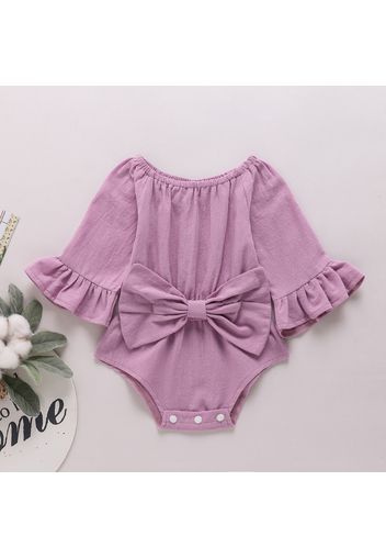 100% Cotton Solid Bowknot Decor Long-sleeve Baby Romper