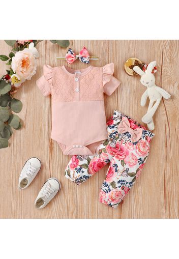 3pcs Baby Girl Lace Spliced Rib Knit Short-sleeve Romper and Floral Print Pants with Headband Set