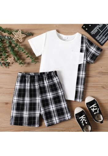 2pcs Kid Boy Plaid Colorblock Short-sleeve Tee and Elasticized Shorts Set